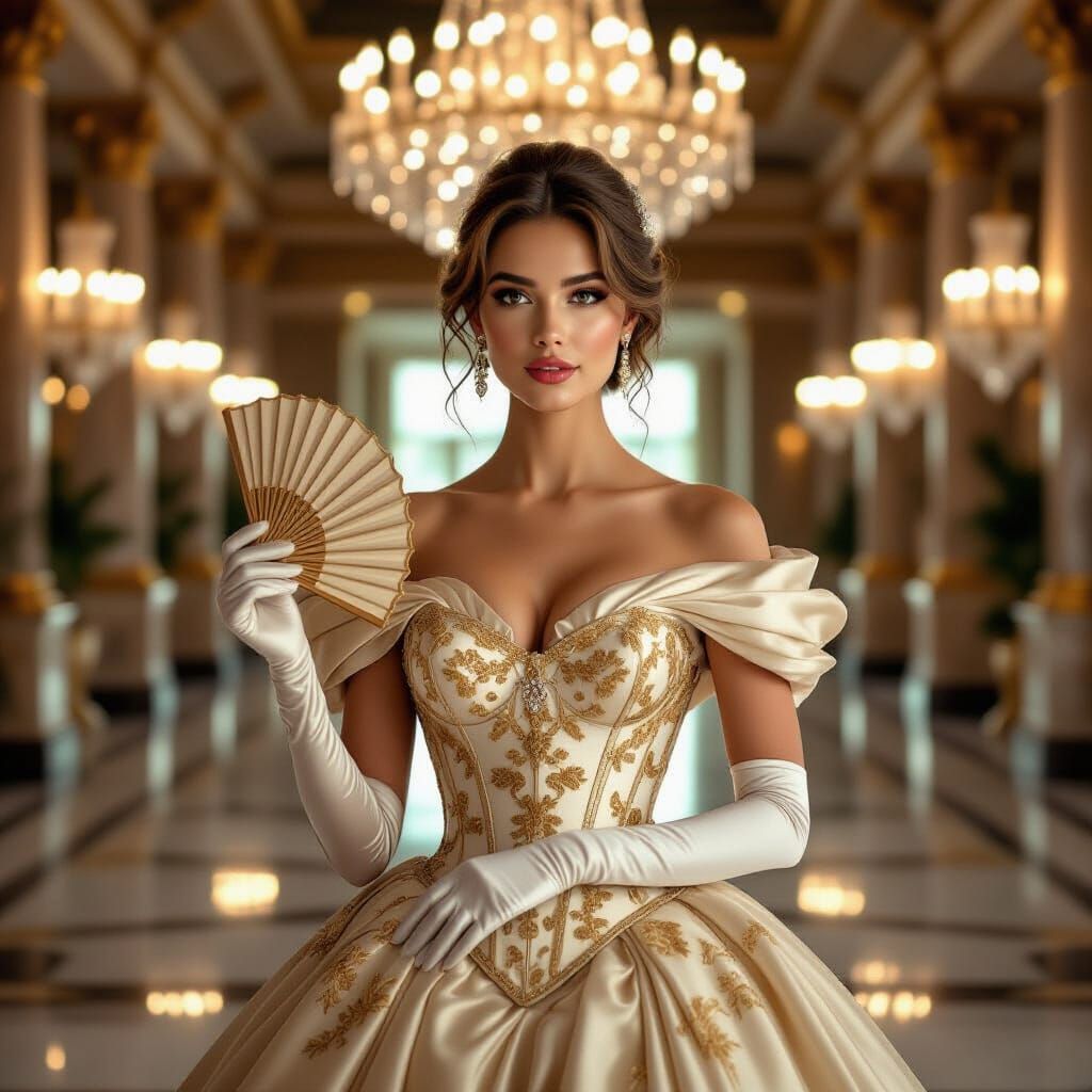Noblewoman Enters Grand Ballroom in Golden Corset Dress