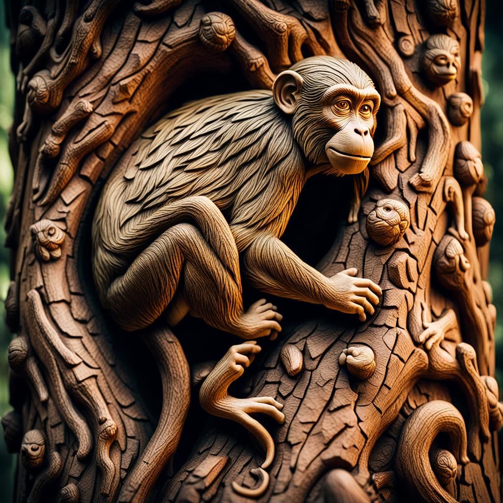 Photorealistic Wood Carved Monkey in 3D Anime Art