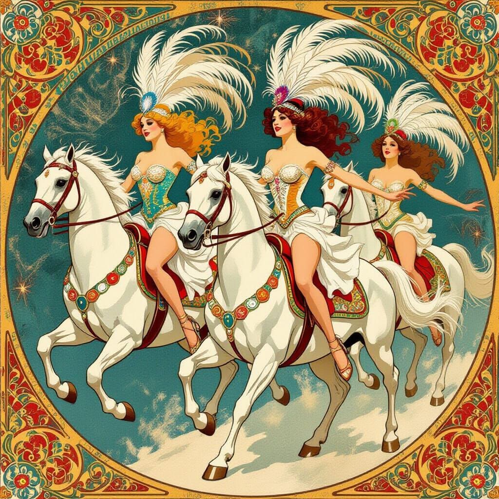 Burlesque Dancers on White Horses, Art Nouveau