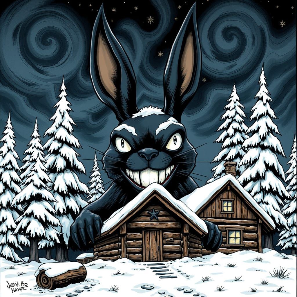 Eerie Black Bunny Watches from Behind a Snowy Log Cabin in t...