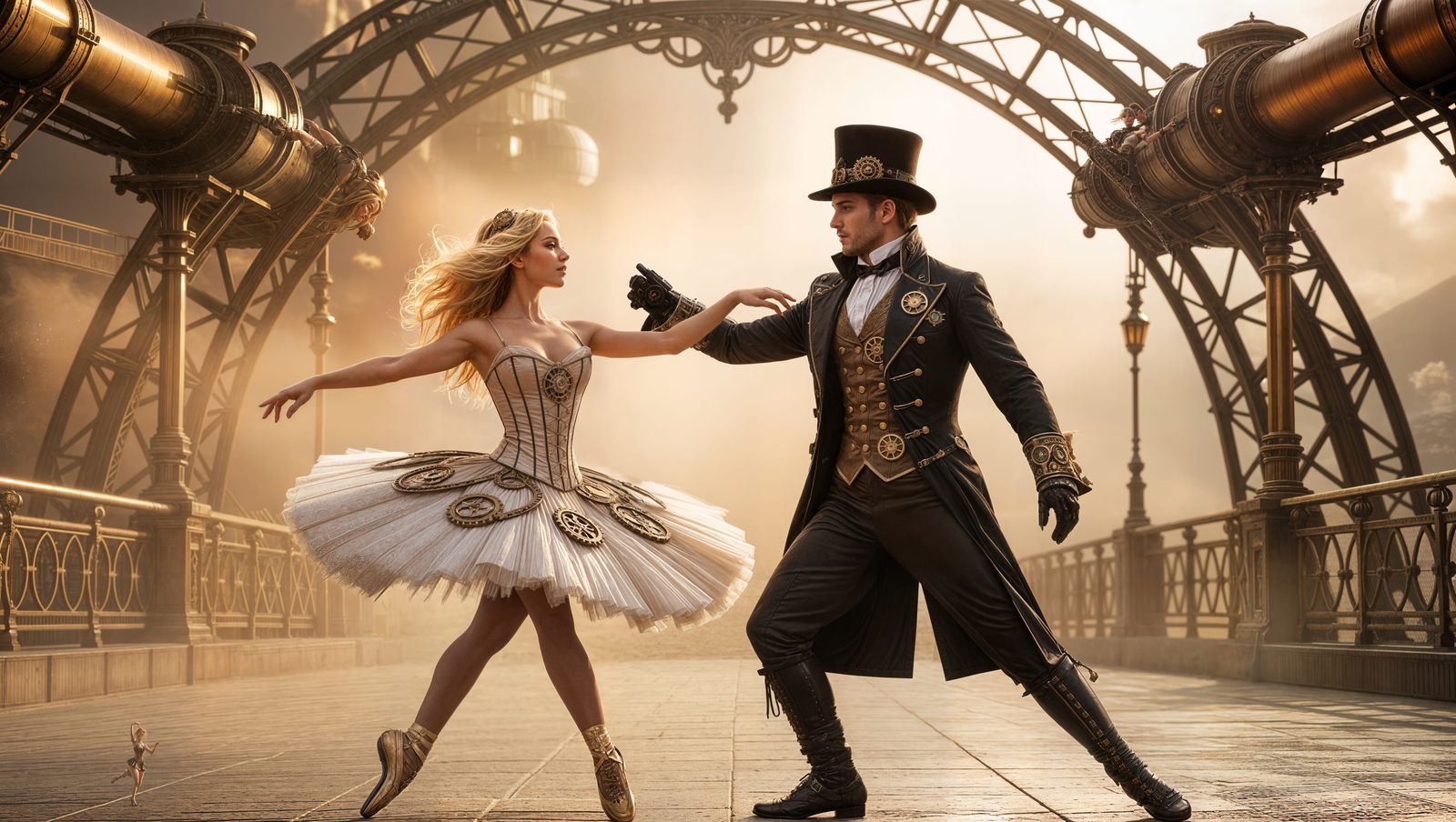 Steampunk Ballerina Couple in Polished Metal Fantasy