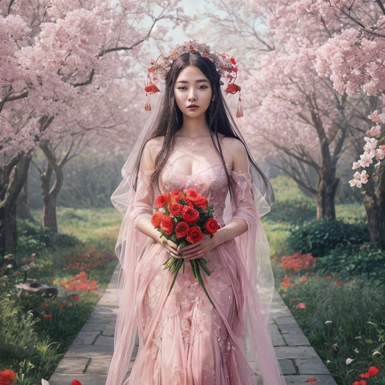 Ethereal Asian Goddess in Vibrant Floral Attire