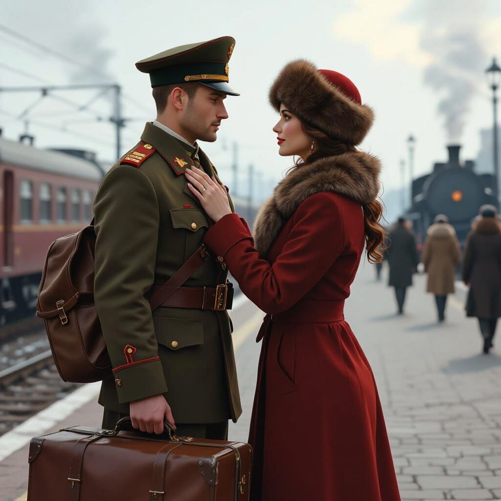 Soldier's Farewell in 1910s Russia at Train Station