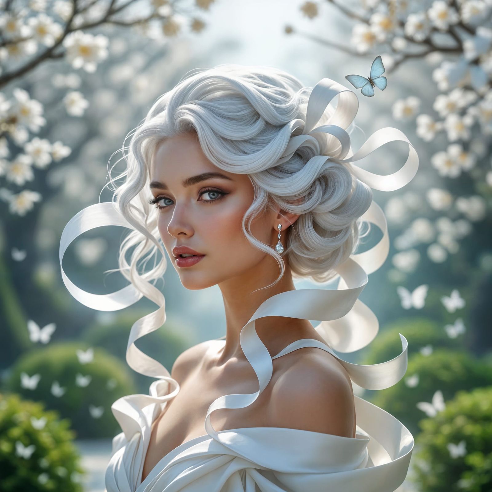 Elegant Figure with Silk Ribbons in Ethereal Garden