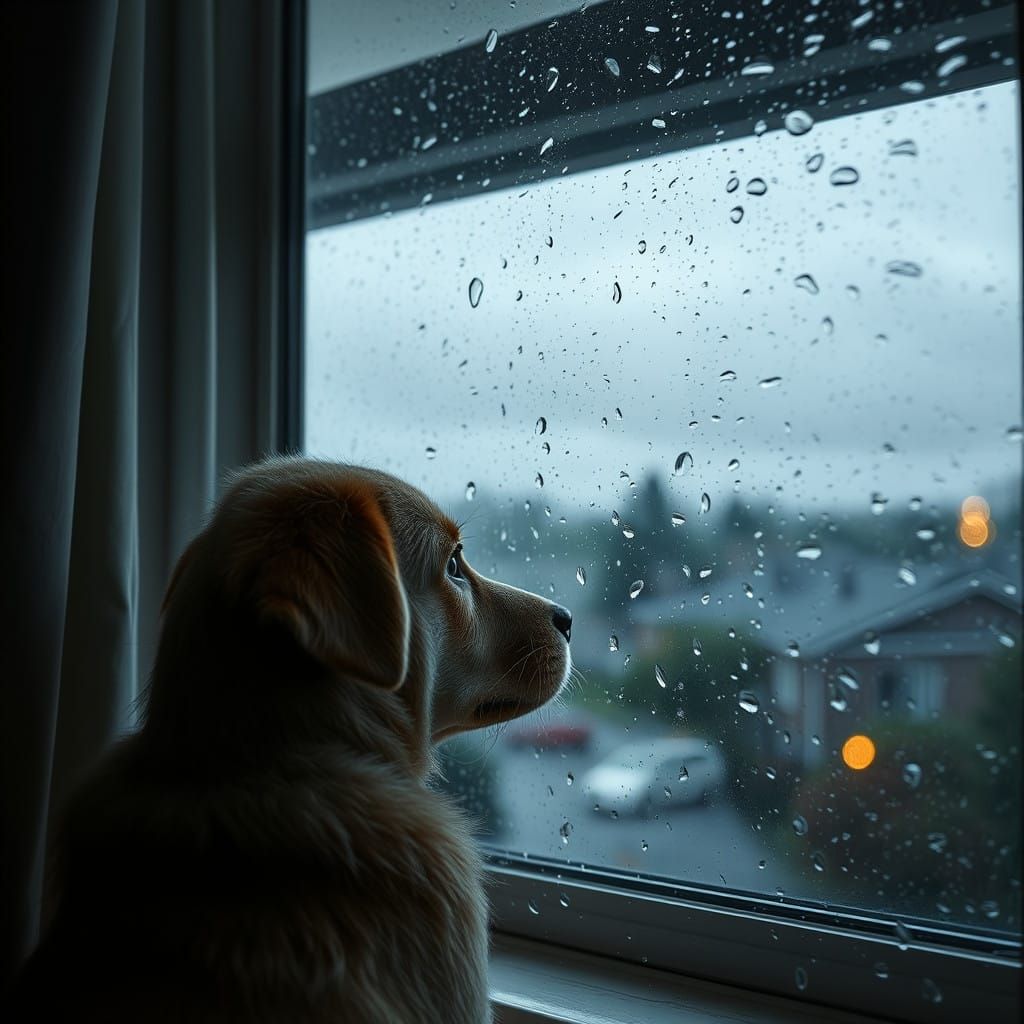 Lonely Puppy Watches Rainy Night from Window