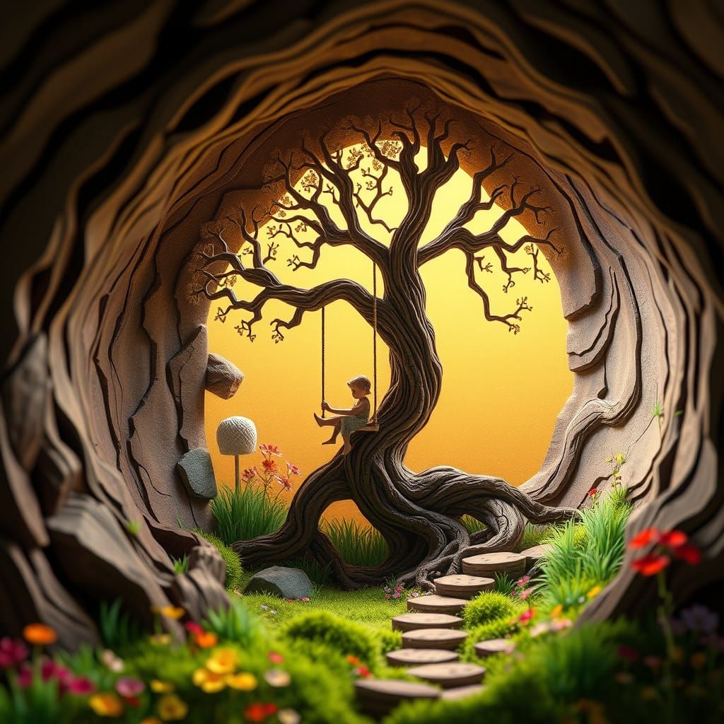 Paper Cave with Child on Swing in Fantasy Landscape