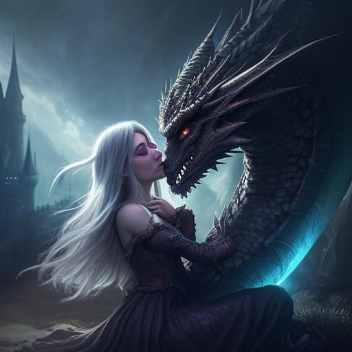 Dragon and Princess Kiss in Hyper-Realistic Fantasy
