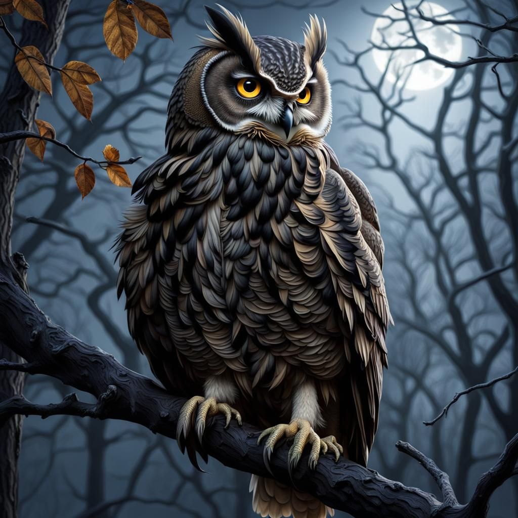 Menacing Owl Perched on Branch in Moonlight
