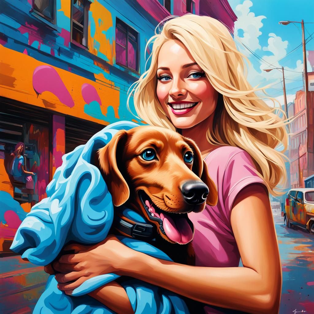Woman Holding Dachshund in Graffiti Splash Art