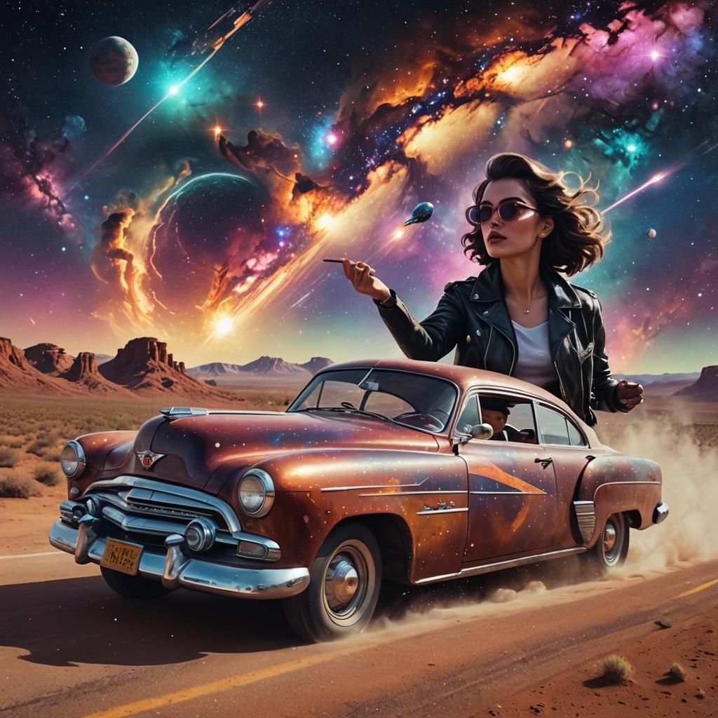 Retro-Futuristic Car Drives Under Galaxy Collision