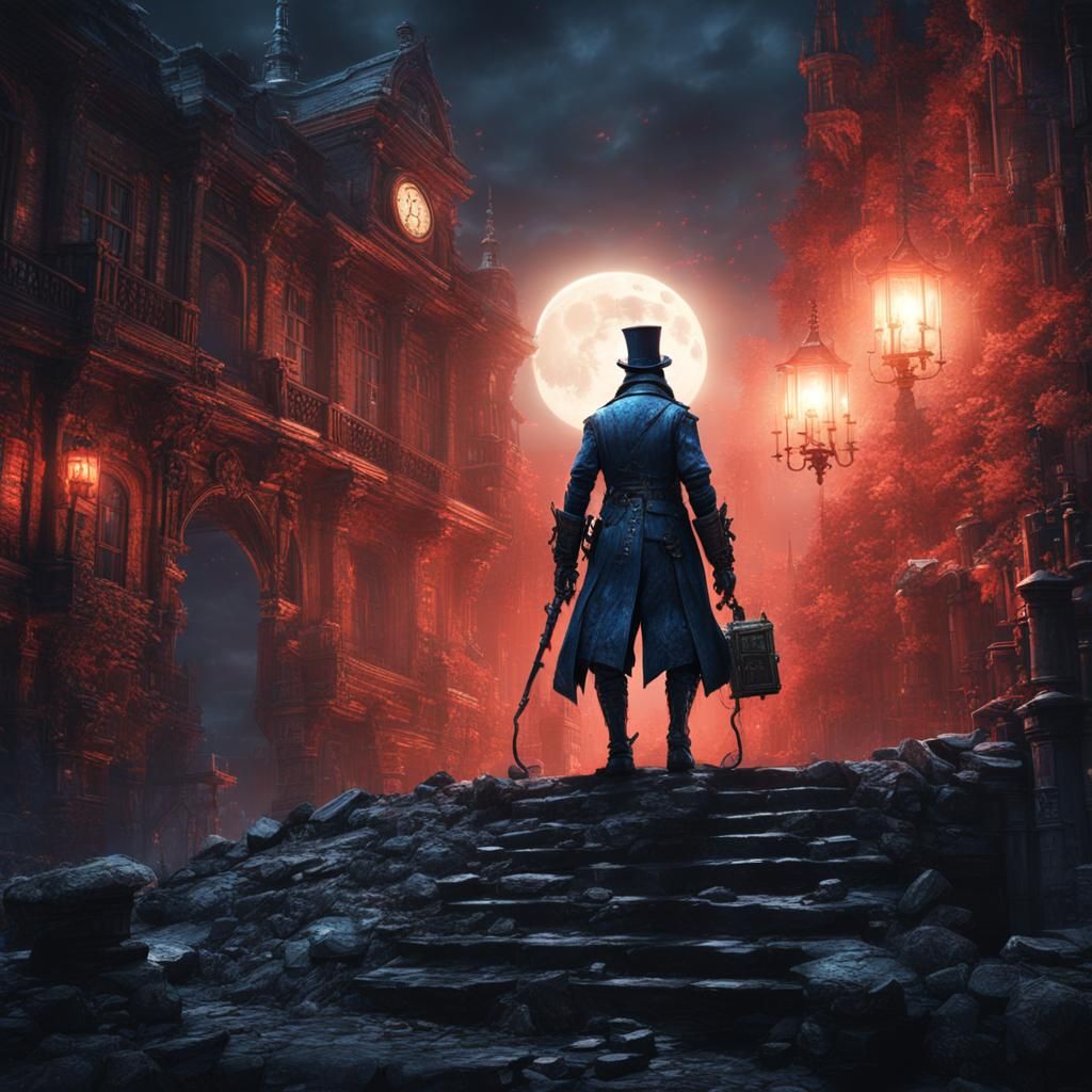 Steampunk Robot Climbs Wall Under Blue Moon