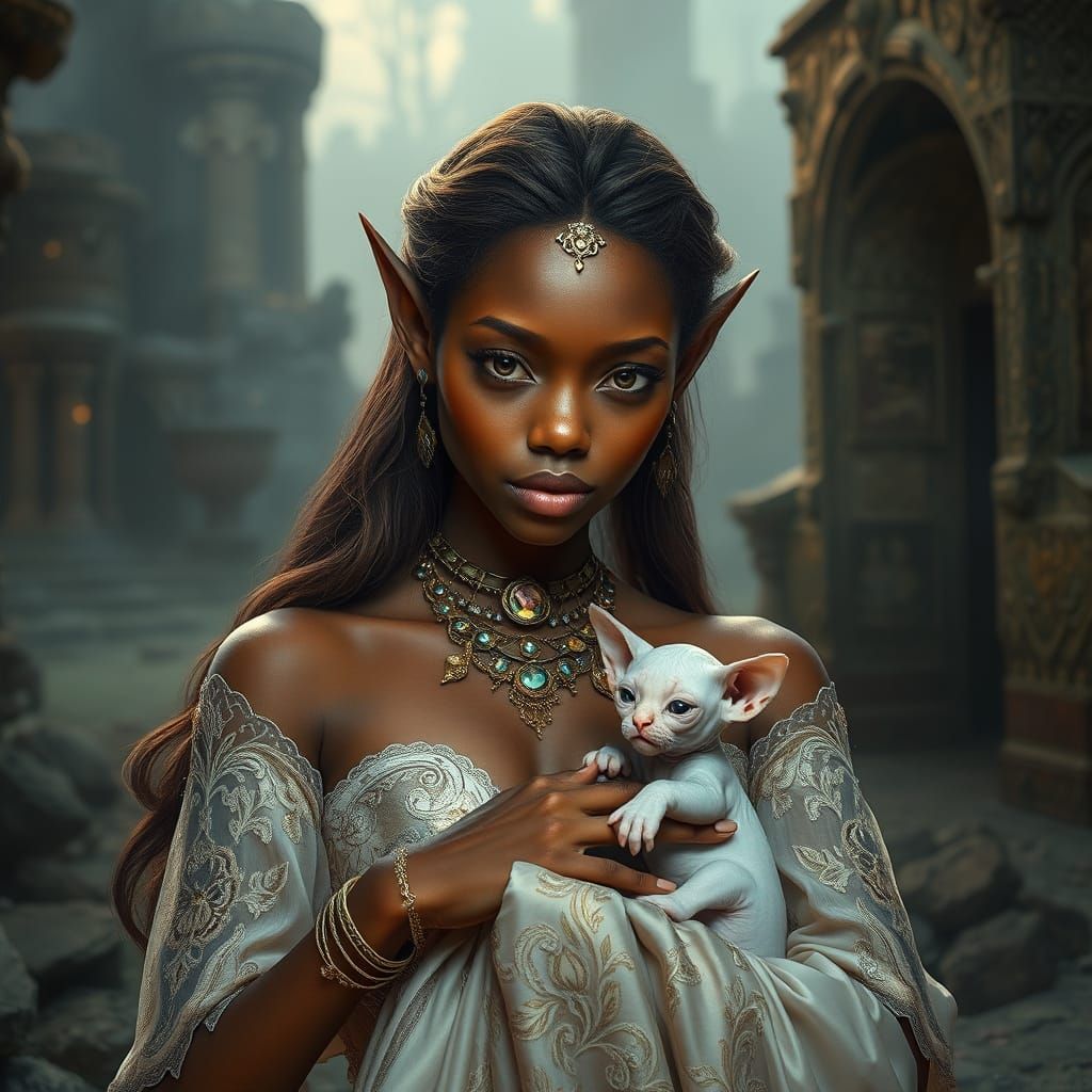 Elf Woman with Sphynx Kitten in Misty Ruins