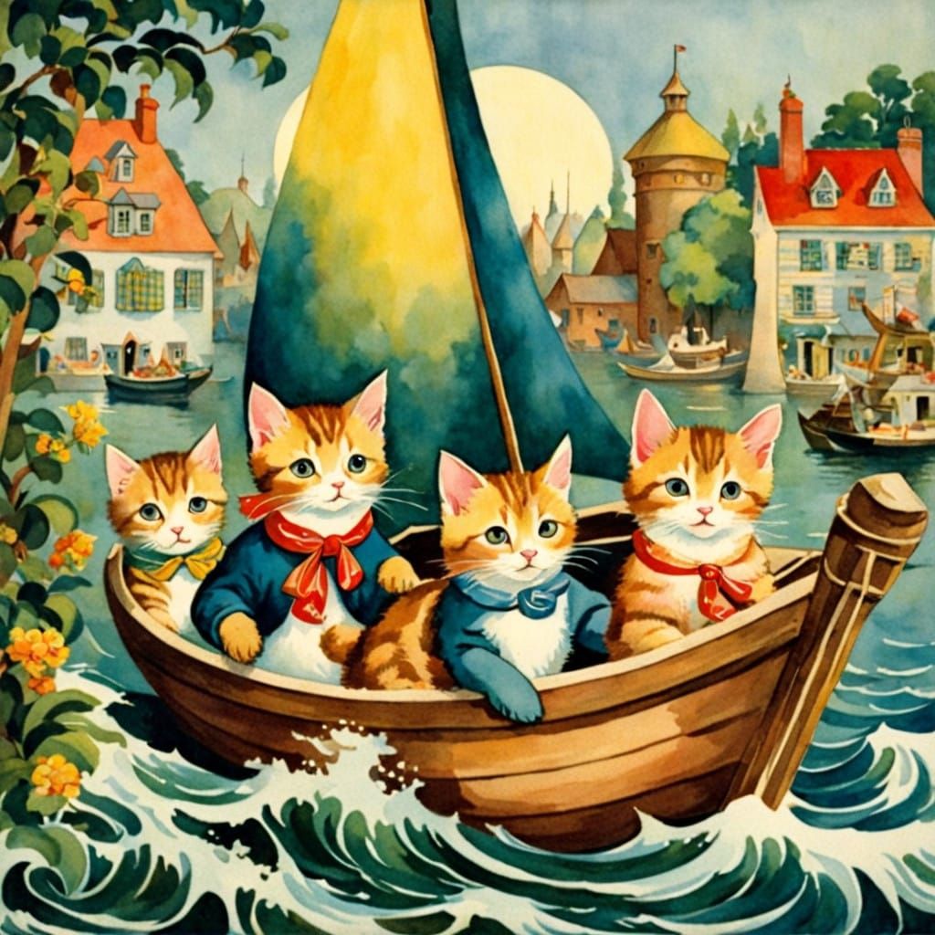 Whimsical Kittens in Vintage Watercolor Style
