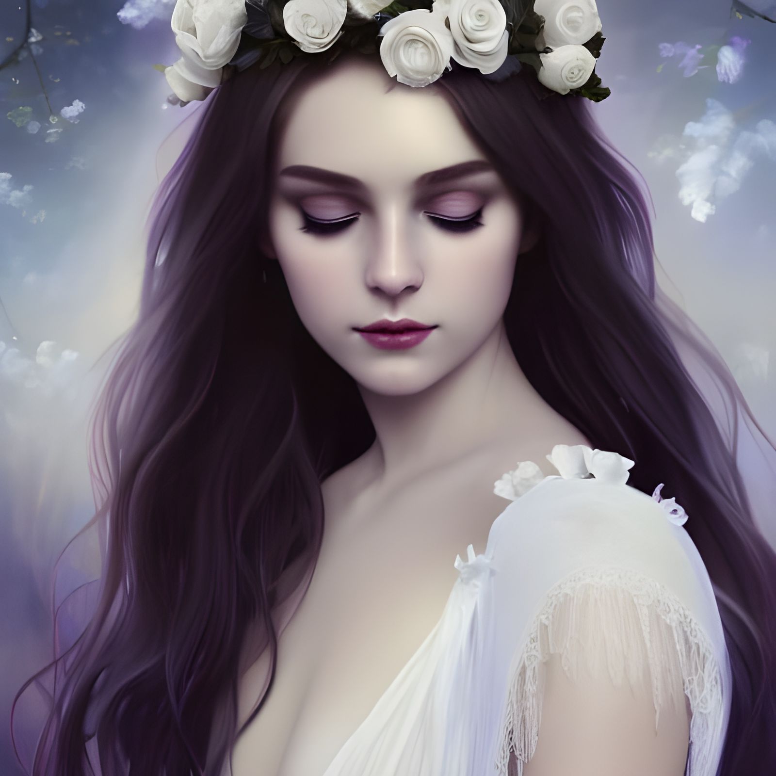 Magical Twilight Raven Girl with White Roses