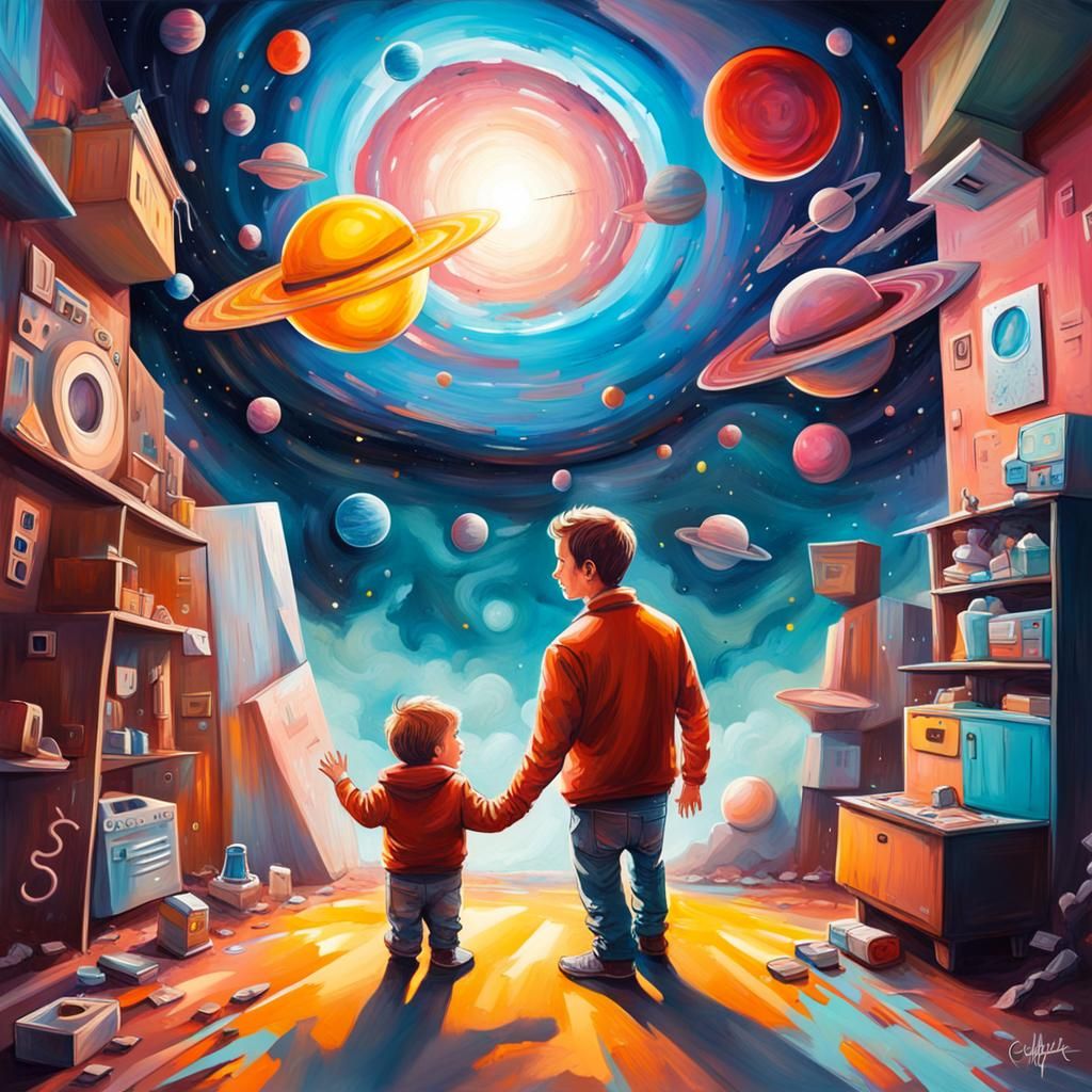 Father and Toddler's Cardboard Spaceship Adventure