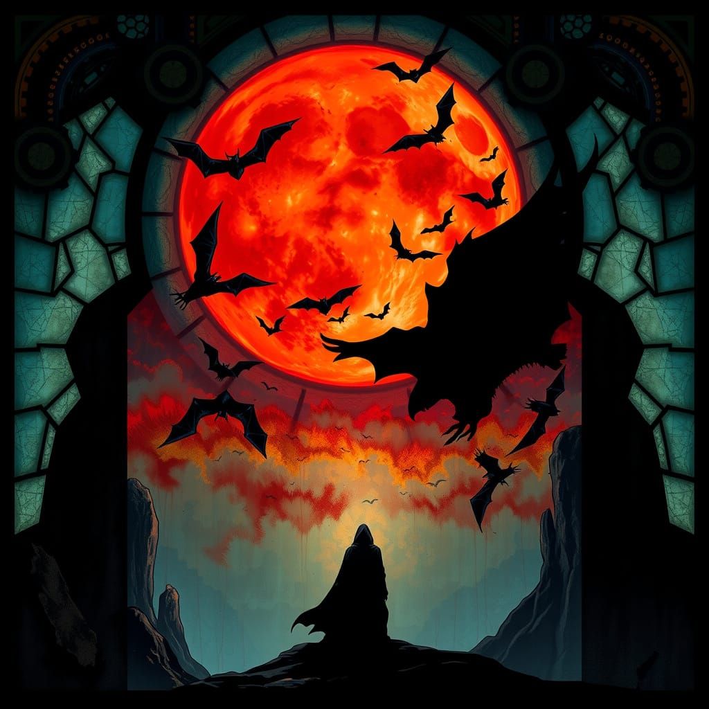 Surreal Stained Glass: Figure Against Blood Moon Vortex