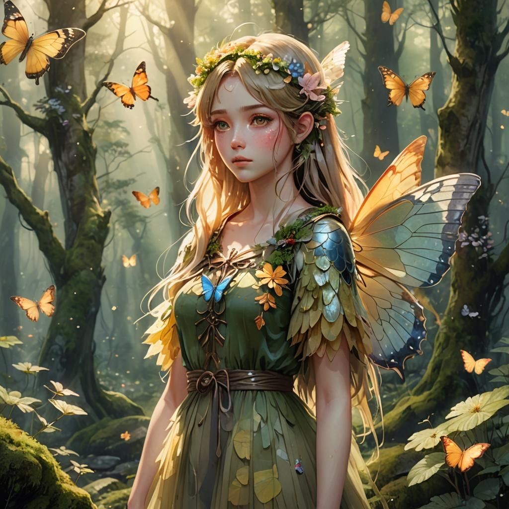 Ethereal Anime Girl with Butterfly Wings in Misty Forest