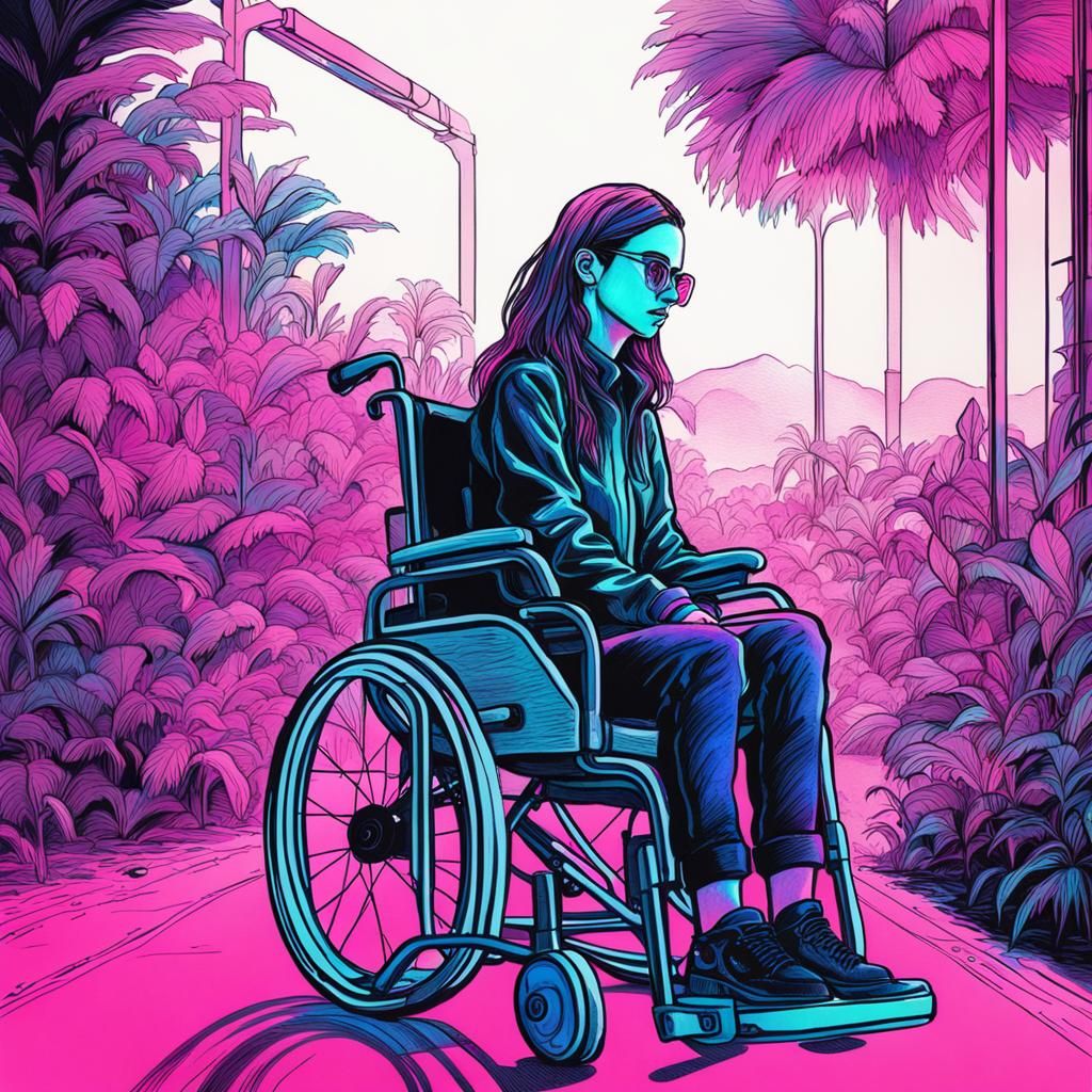 Botanical Ink Drawing: Woman in Wheelchair