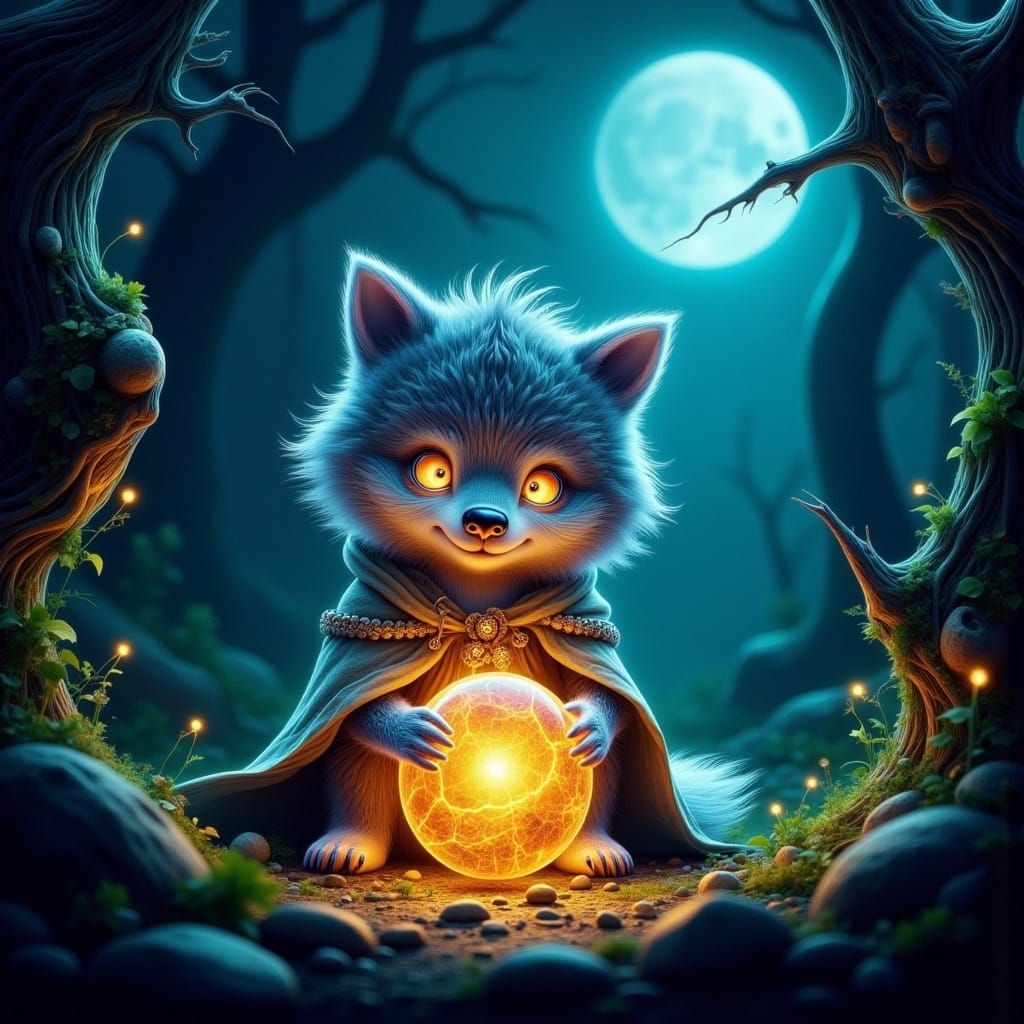 Adorable Baby Werewolf Playing in Mystical Forest