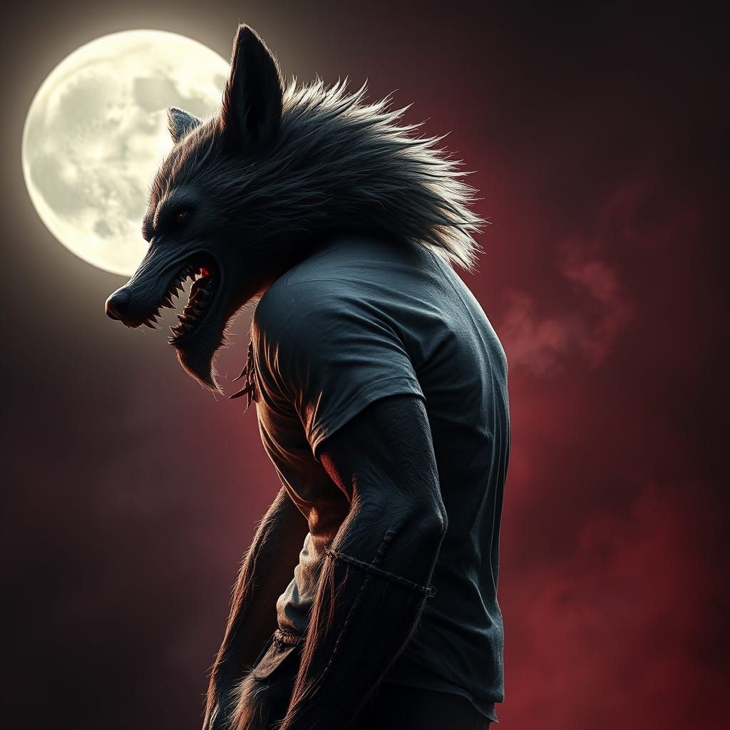 Mid-Transformation Lycanthrope Under Full Moon