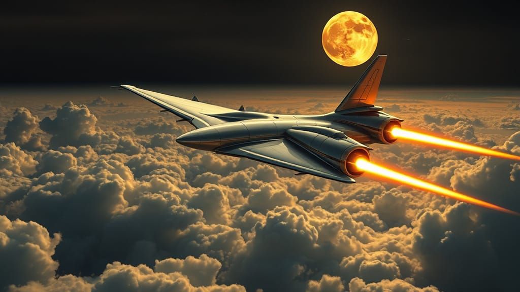 Art Deco Jet Soaring Under Moonlight