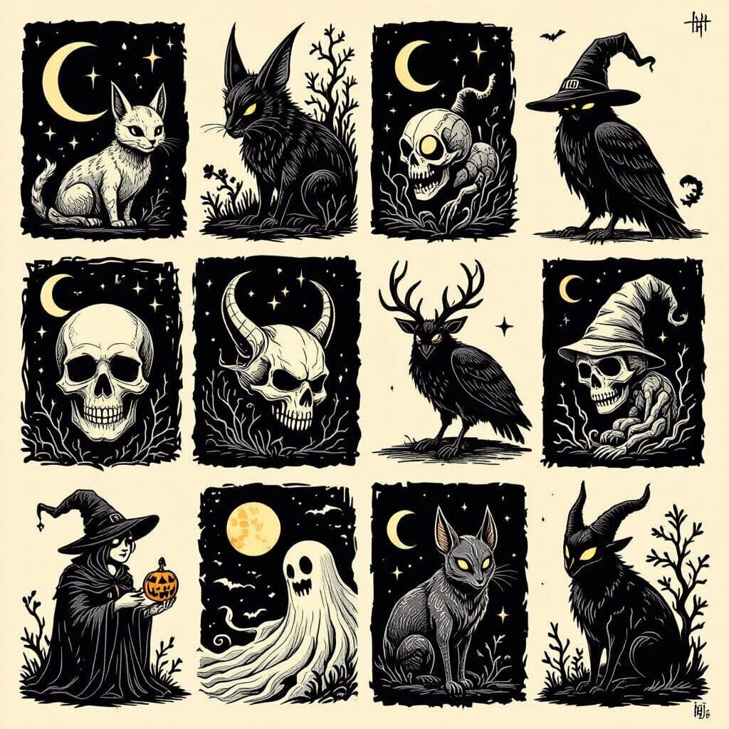 Spooky Fantastical Creatures in Dynamic Line Art Style