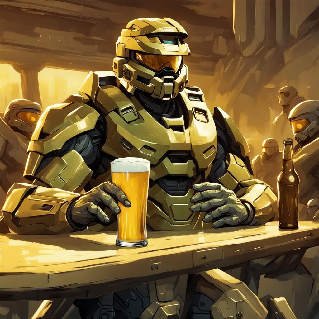 Master Chief in Gold Armor Having a Beer