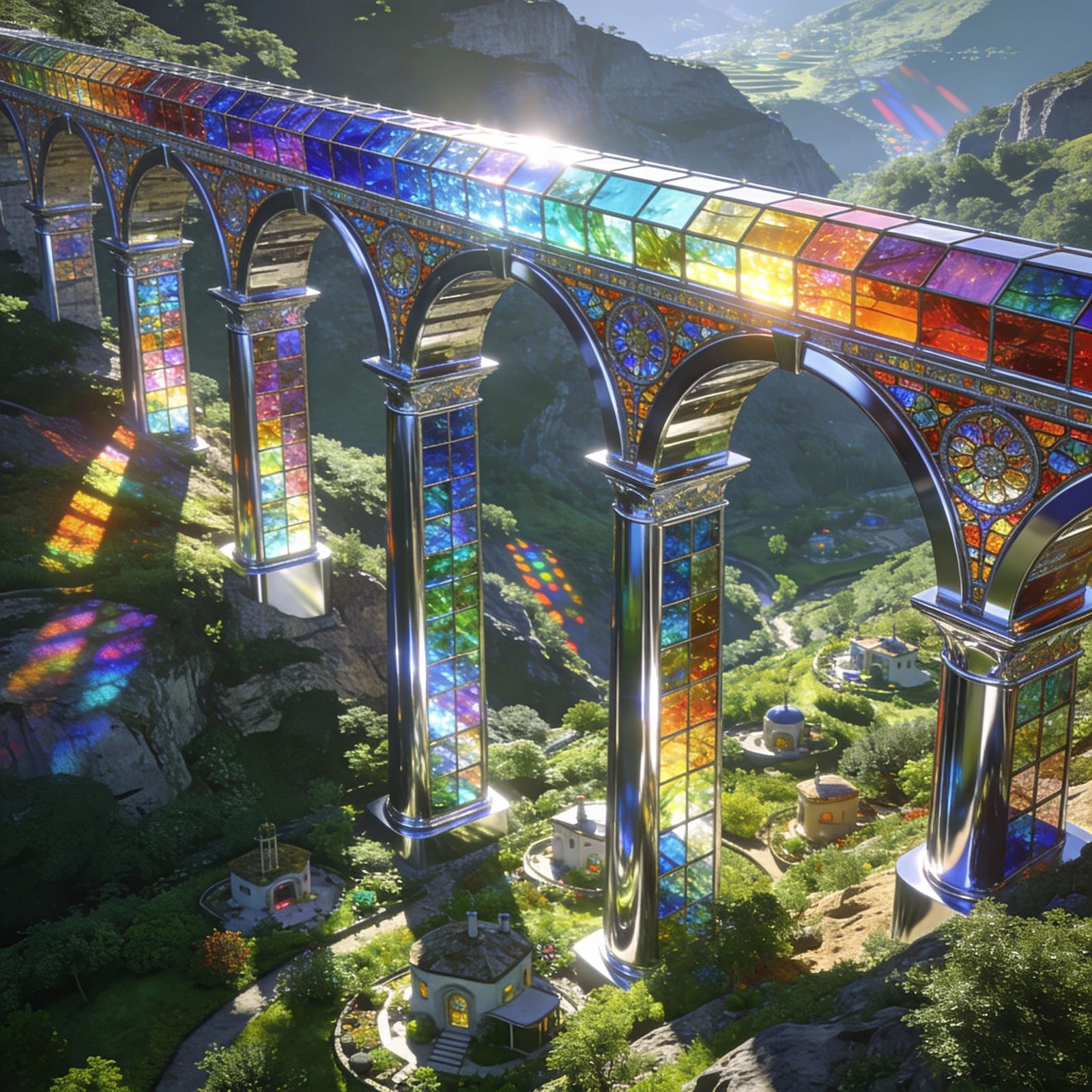 Futuristic Stained Glass Roman Aqueduct in Lush Valley