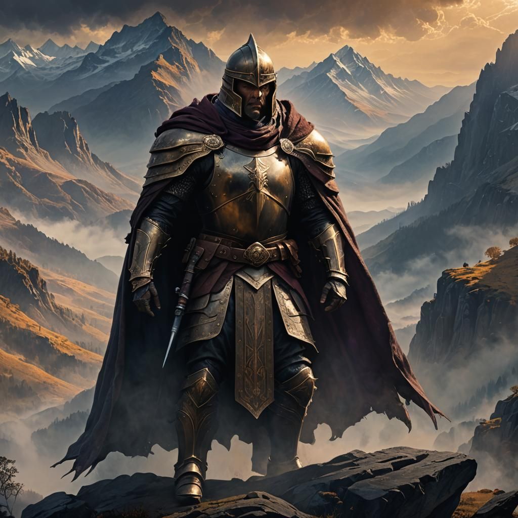 Knight in Bronze Armor Stands in Misty Mountains