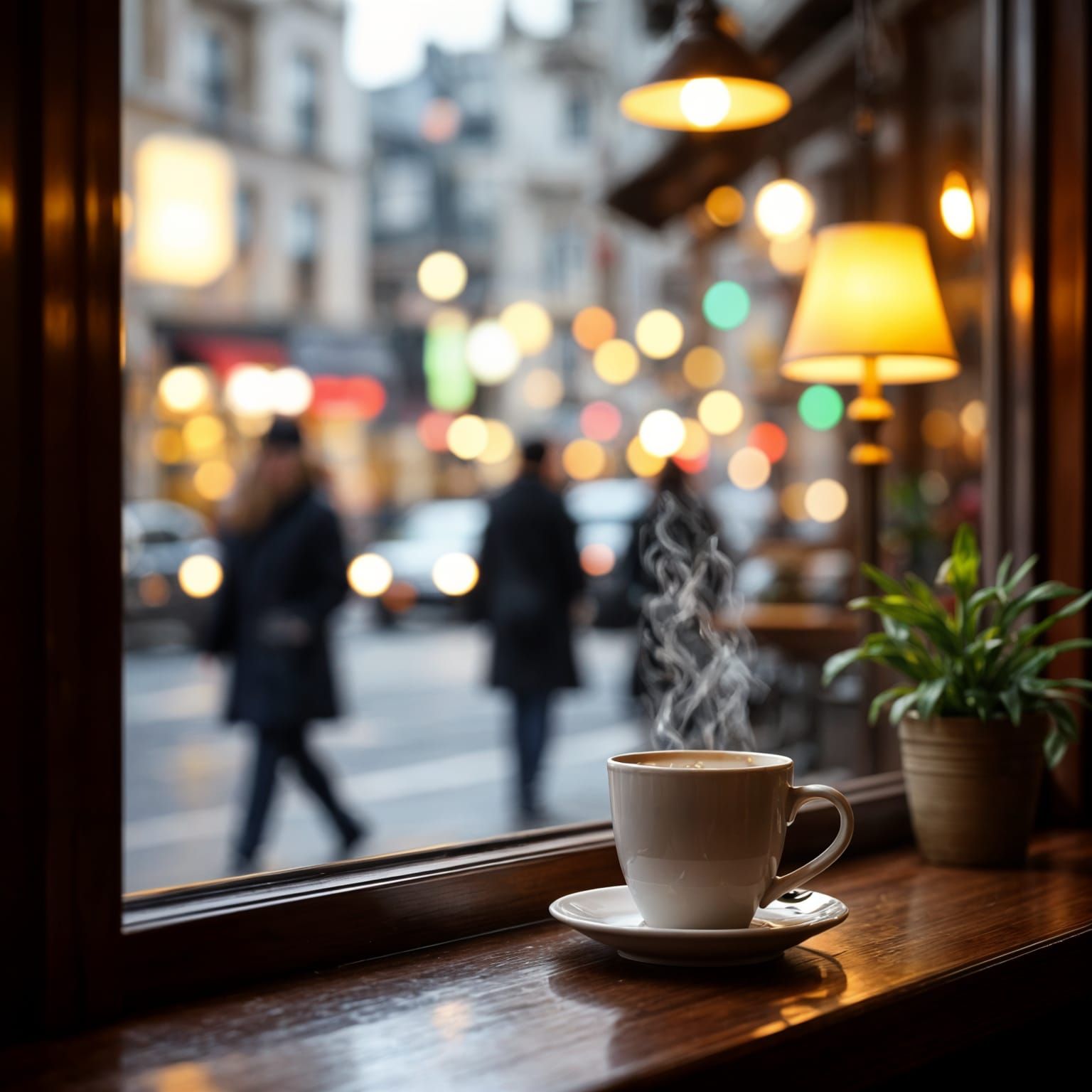 Cozy Coffee Shop View: Warm Evening Lights Through Window