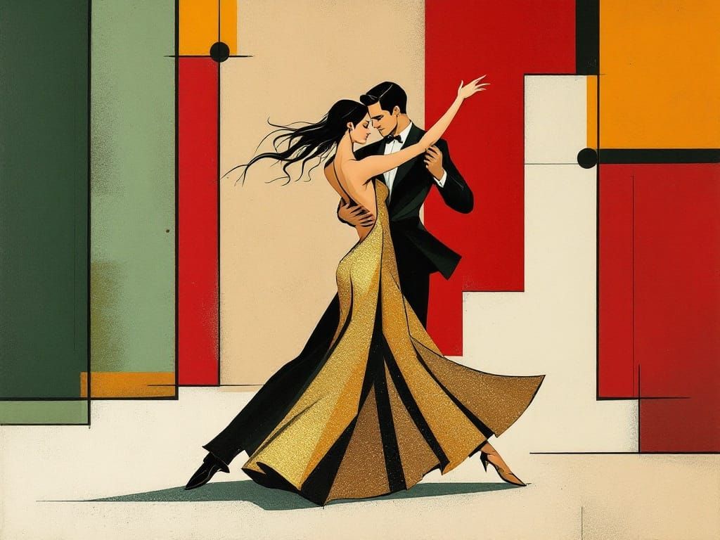 Elegant Tango Dancers in Festive Cubist Style