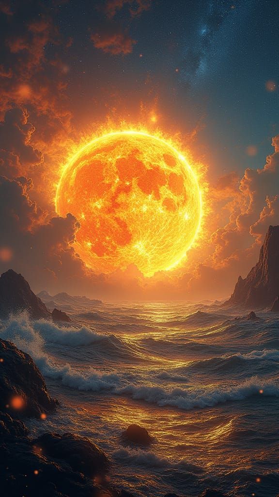 Planet Drifting Near Sun in Van Gogh Style