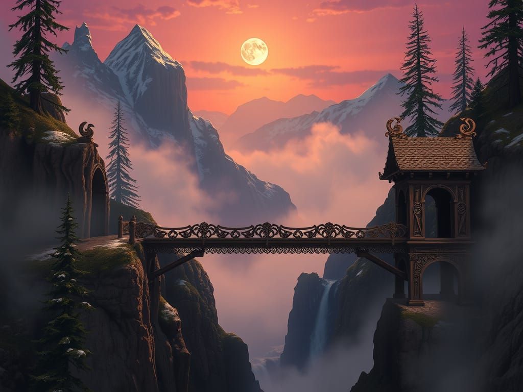 Ethereal Wooden Bridge Connects Snow-Capped Mountains in Anc...