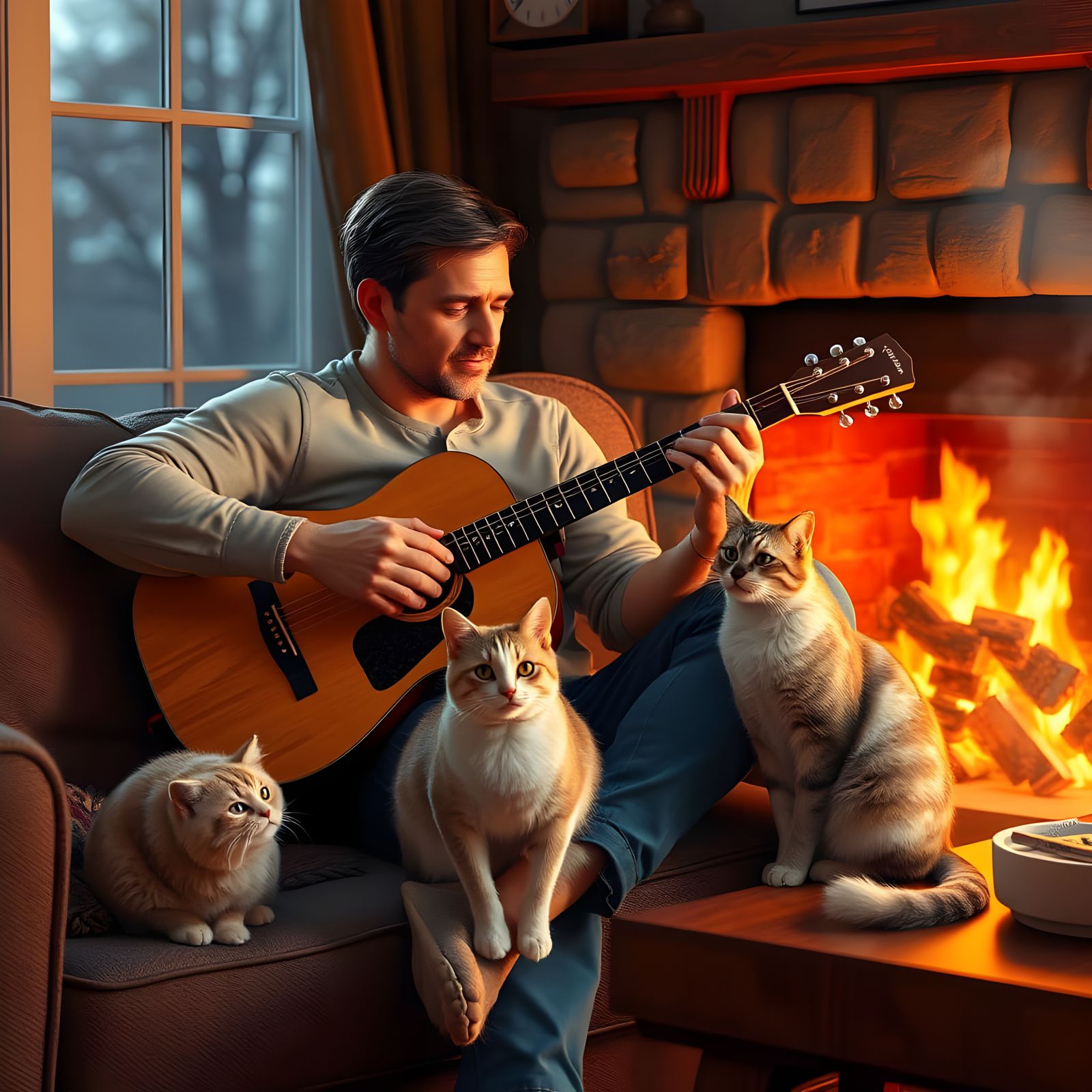 Man and Cats Enjoying Music, Expressionist Style