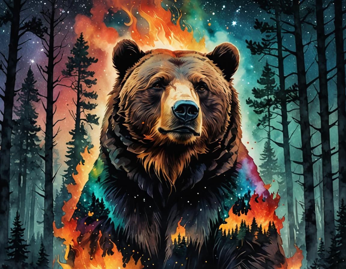 Watercolor Bear Face with Fiery Galaxy Double Exposure