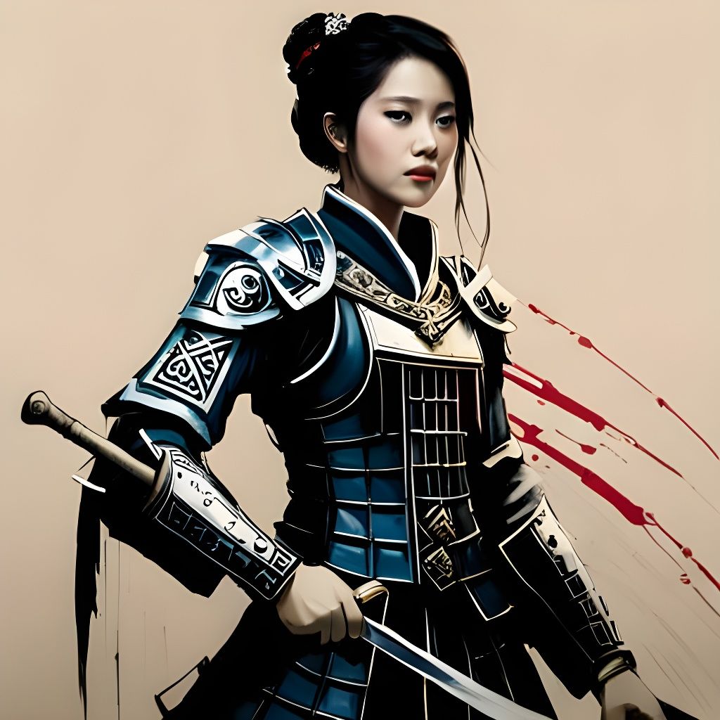 Medieval Japanese Woman in Samurai Armor Oil Painting