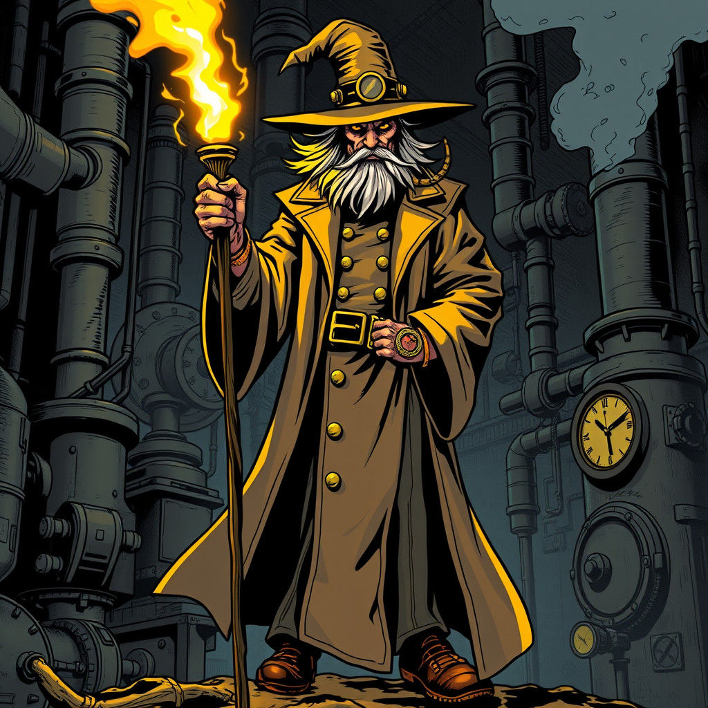 Steampunk Wizard with Glowing Staff in Comic Book Style