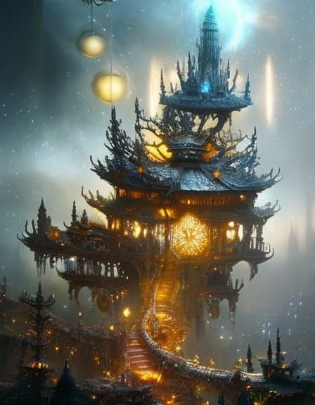 Clockpunk Bonsai Fairytale Village in Crystal Art Style