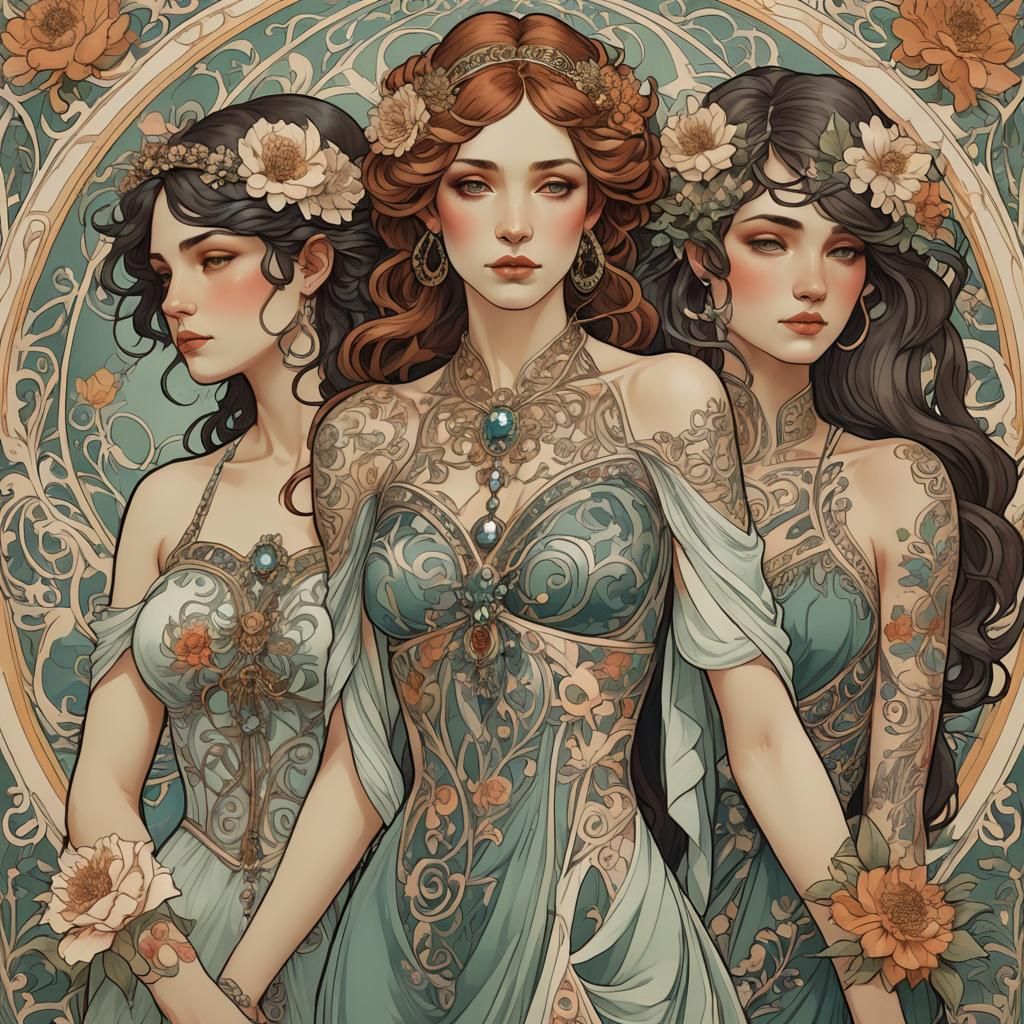 Elegant Art Nouveau Women with Intricate Floral Tattoos
