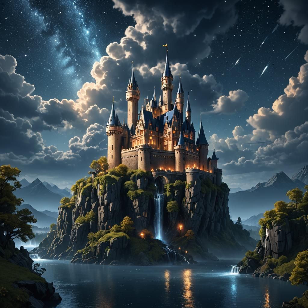 Floating Castle Sparkling in Night Sky