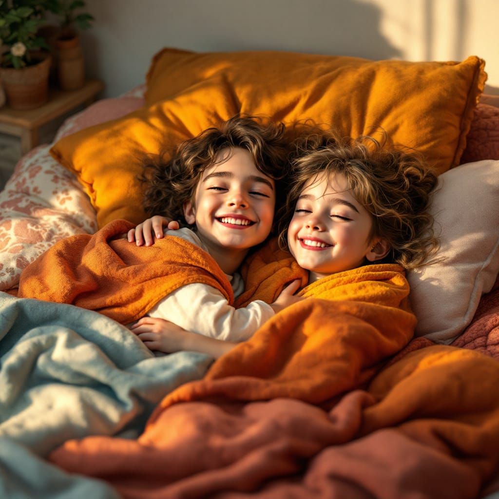 Children Play near Sleeping Mother: Fantasy Concept Art