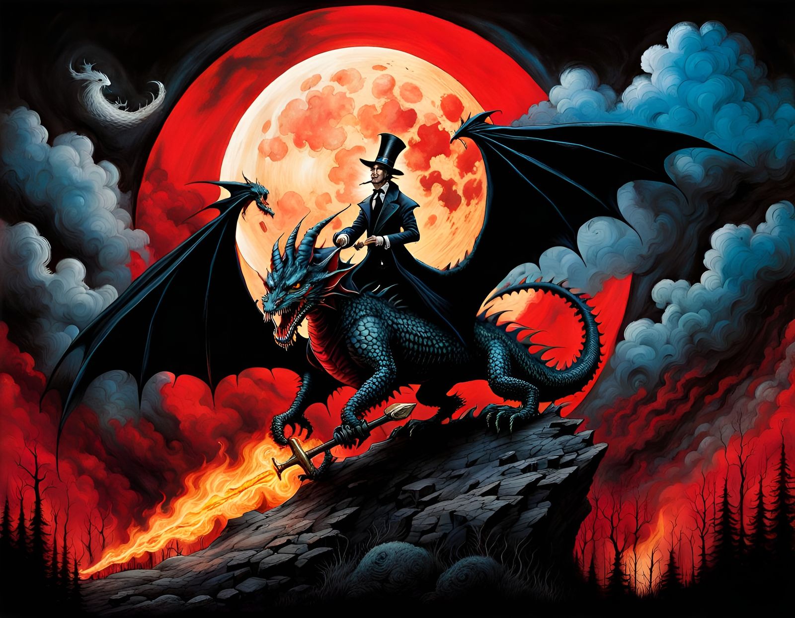 Dragon Shoots Fire at Dracula in Mixed Media Style