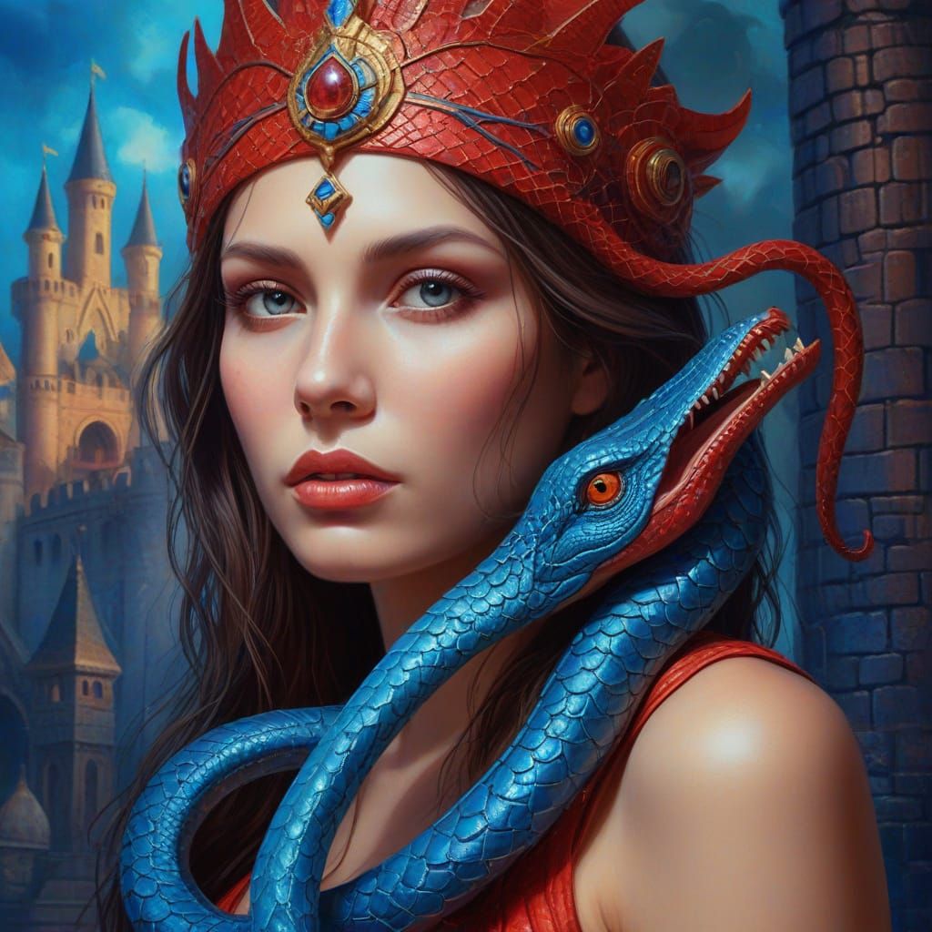 Red Serpent Woman Harmonizes with Blue Castle in Surreal Sty...
