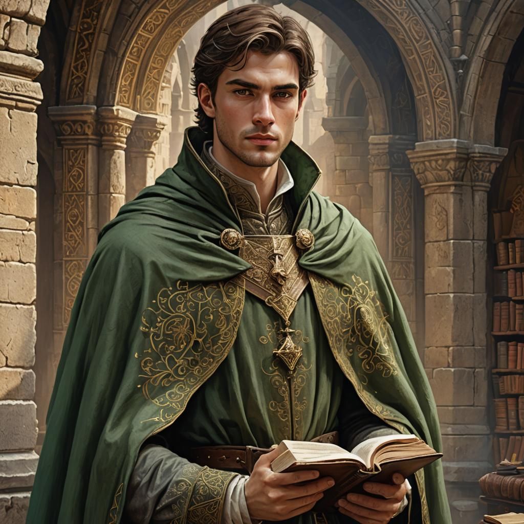 Handsome Medieval Man Reading a Book, Fantasy Art