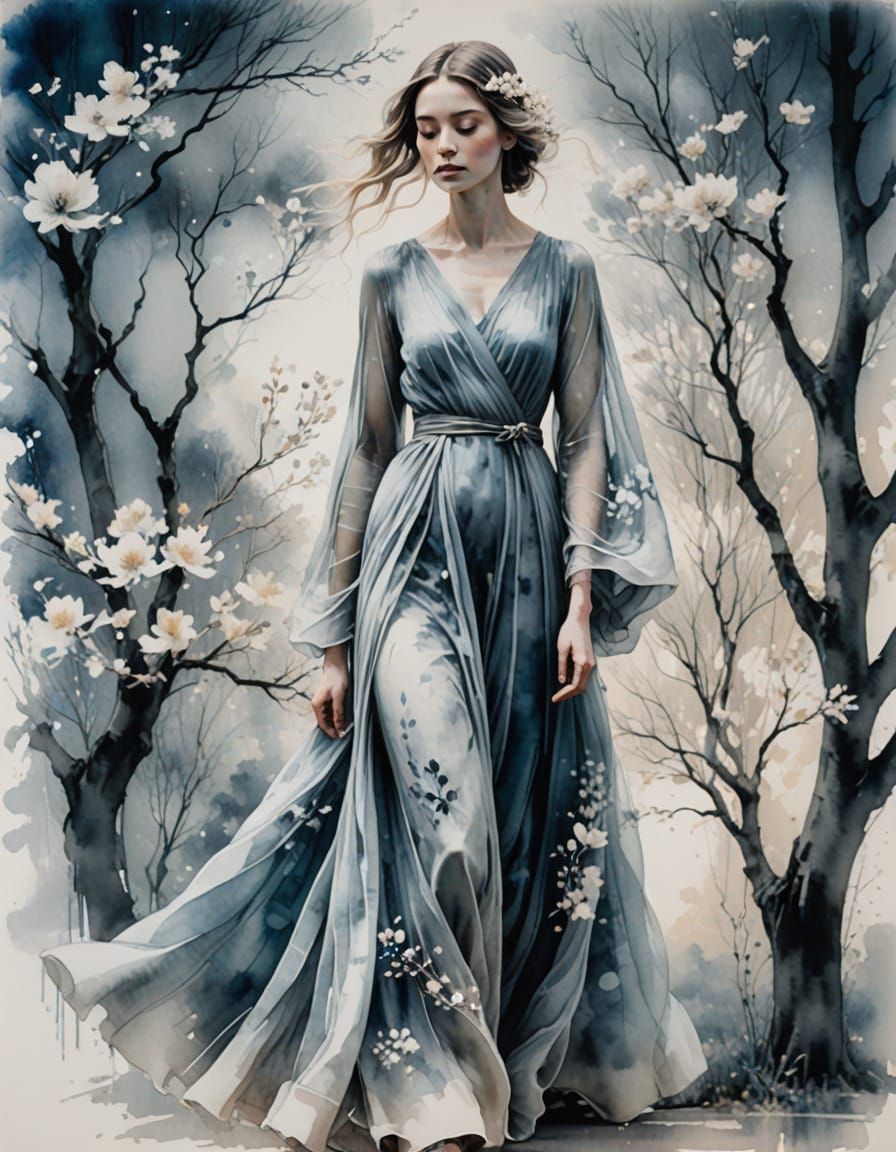 Ghostly Woman Over Blossoms in Faded Watercolour