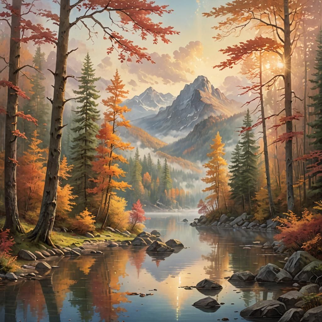 Misty Mountain Lake Sunrise in Autumn Colors