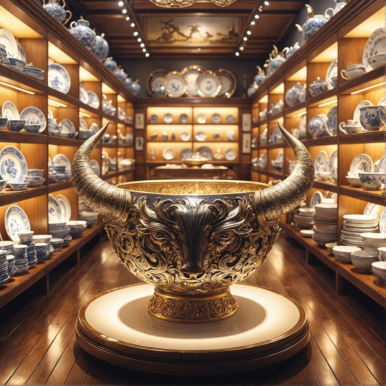 Ornate Bowl with Bull Horns in China Shop