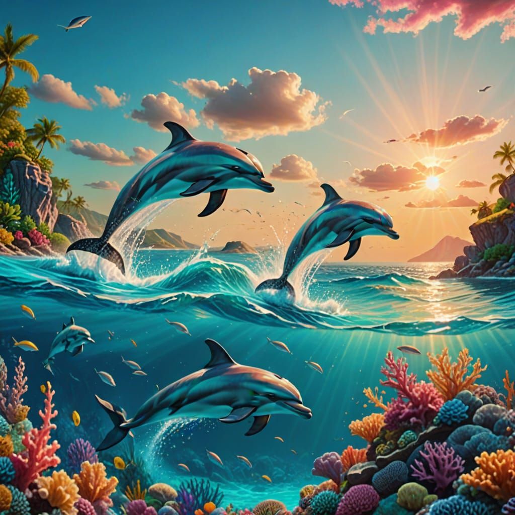 Dolphins Leaping Above Coral Reef in Oil Painting Style