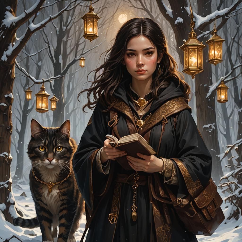 Girl in Snowy Forest with Cat, Art Nouveau Style