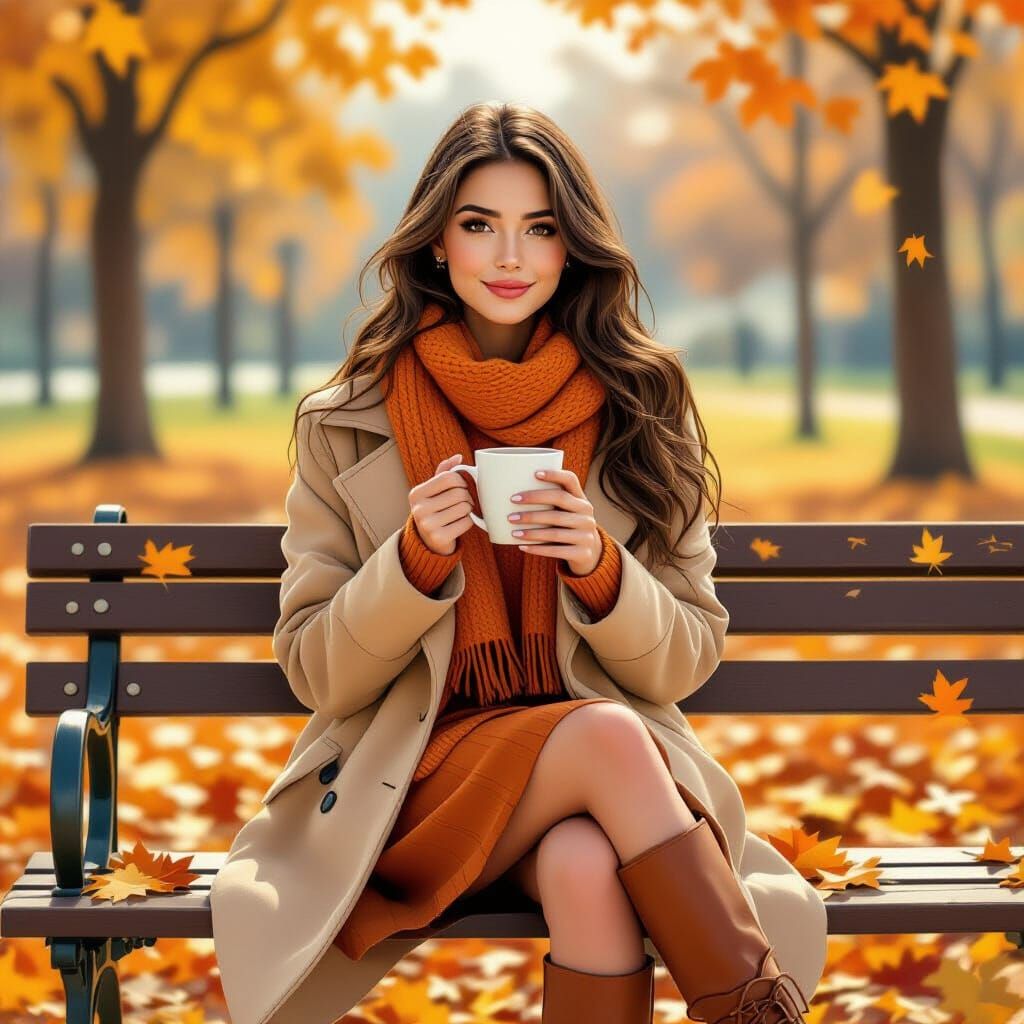 Woman in Autumn Park with Coffee, Impressionist Style